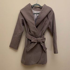 Women's SHEIN Hooded Wide Collar Wrap Coat Mid length Light Grey Gray XS